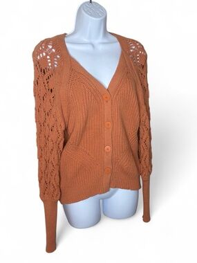 Jonathan Simkhai Adeline Crochet Puff Sleeve Cardigan Sweater XS Cashew Rust